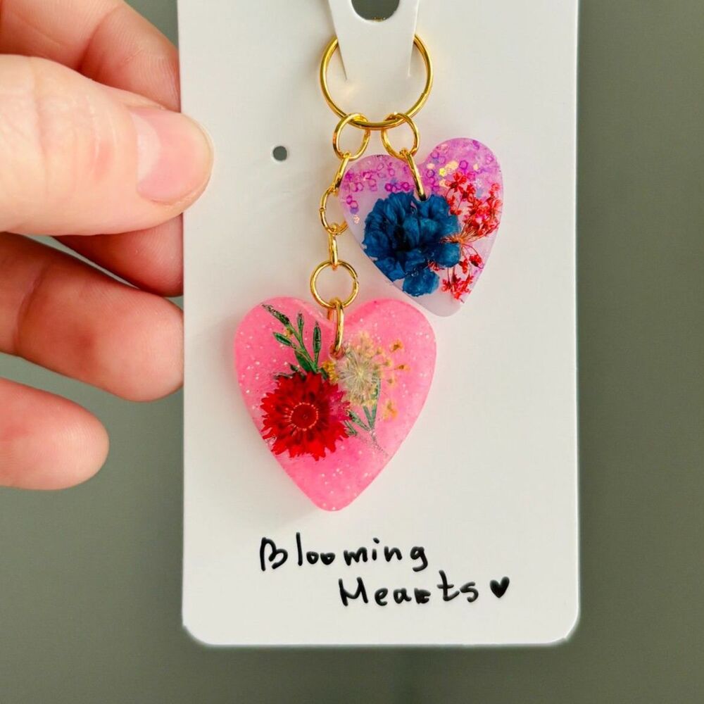 Double Heart Floral Keychain with Real Flowers, Pink Resin Bag Charm, Botanical